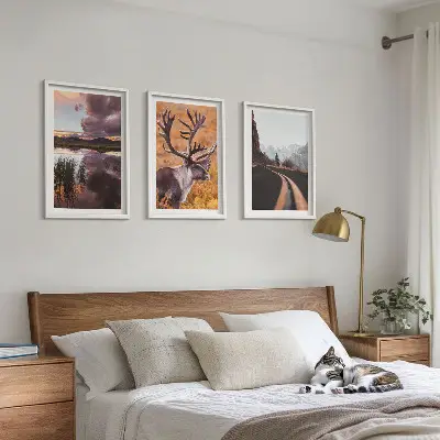 Mountain landscapes with reindeer wall art set of 3 framed pieces