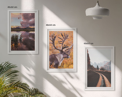 Set of 3 framed wall art pieces Mountain landscapes with reindeer