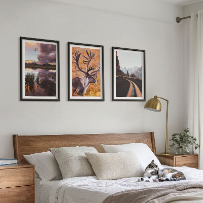 Set of 3 framed wall art pieces Mountain landscapes with reindeer