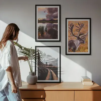 Mountain landscapes with reindeer wall art set of 3 framed pieces