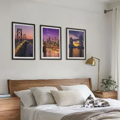 Wall art set featuring bridges, sun, and city views
