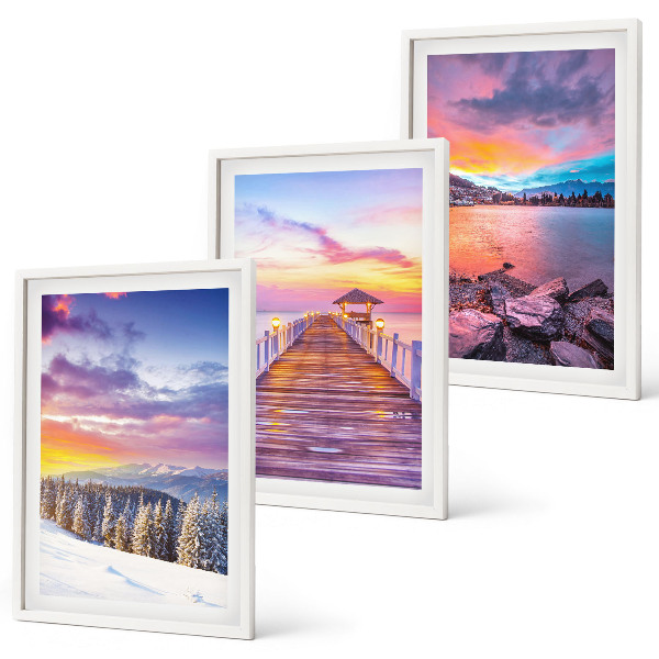Set of 3 framed wall art pieces Winter mountain lake landscape