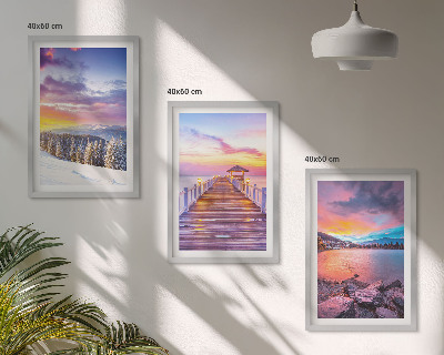 Set of 3 framed wall art pieces Winter mountain lake landscape