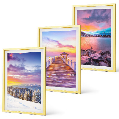 Set of 3 framed wall art pieces Winter mountain lake landscape