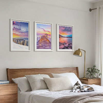 Set of 3 framed wall art pieces Winter mountain lake landscape