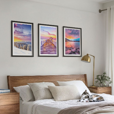 Set of 3 framed wall art pieces Winter mountain lake landscape