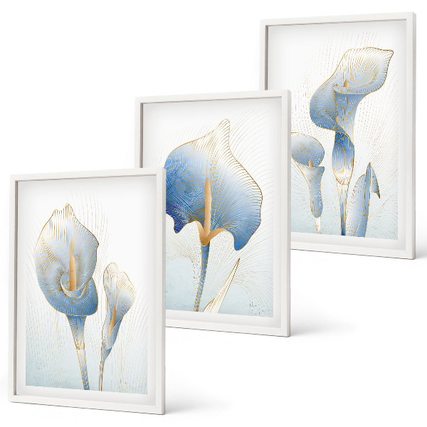 Three-piece wall art piece Blue flowers on the background