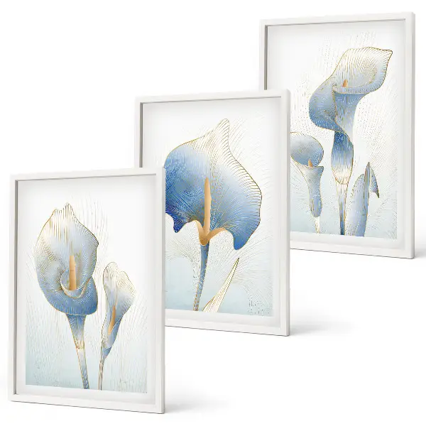 Three-piece wall art set with blue flowers on the background