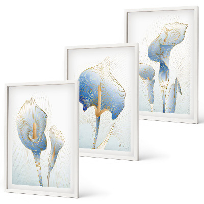 Three-piece wall art piece Blue flowers on the background