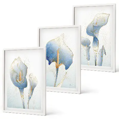 Three-piece wall art set with blue flowers on the background