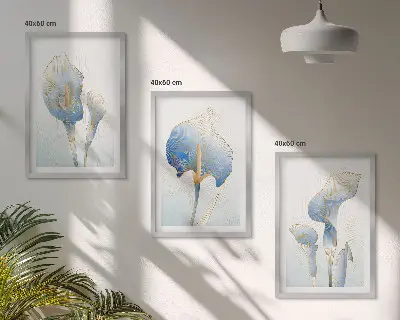 Three-piece wall art set with blue flowers on the background