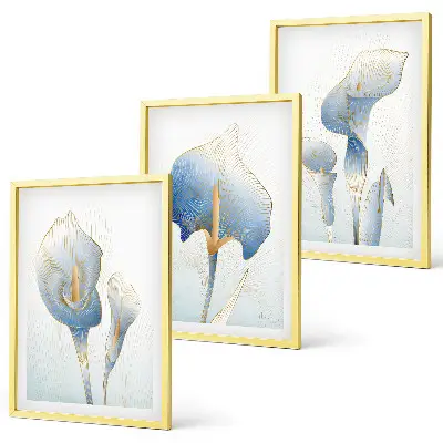 Three-piece wall art set with blue flowers on the background