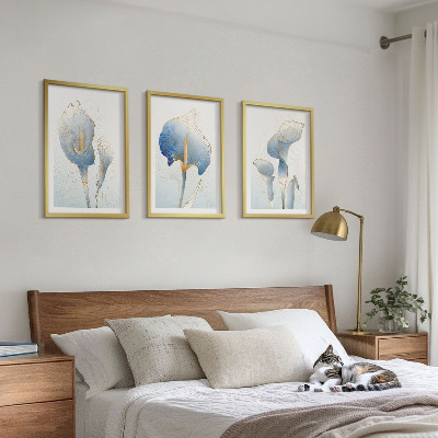 Three-piece wall art piece Blue flowers on the background