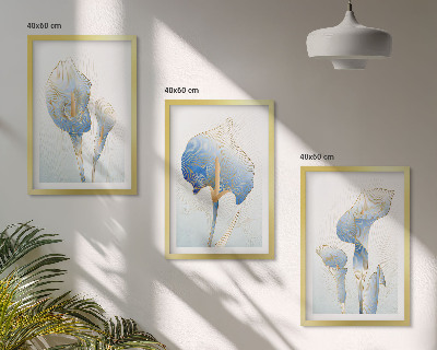 Three-piece wall art piece Blue flowers on the background