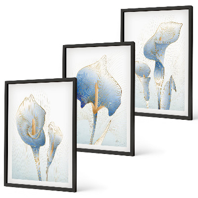 Three-piece wall art piece Blue flowers on the background