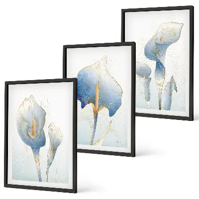 Three-piece wall art set with blue flowers on the background