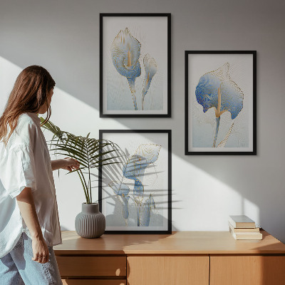 Three-piece wall art piece Blue flowers on the background