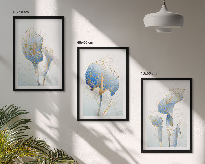 Three-piece wall art piece Blue flowers on the background