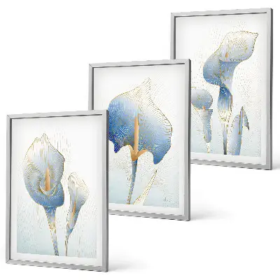 Three-piece wall art set with blue flowers on the background