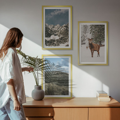 Set of 3 framed wall art pieces Mountains snow deer forest landscape