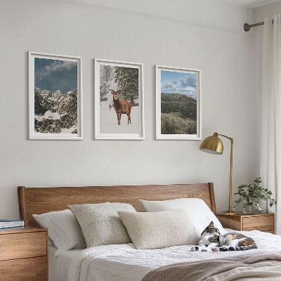 Set of 3 framed wall art pieces Mountains snow deer forest landscape