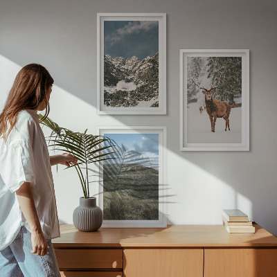 Set of 3 framed wall art pieces Mountains snow deer forest landscape
