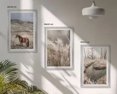 Wall art set horses in a grassy landscape with a stream