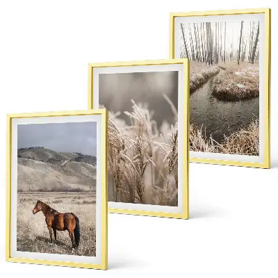 Wall art set horses in a grassy landscape with a stream