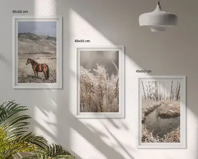 Wall art set horses in a grassy landscape with a stream