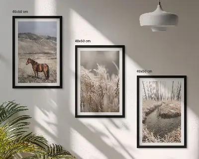 Wall art set horses in a grassy landscape with a stream