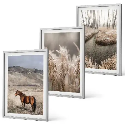 Wall art set horses in a grassy landscape with a stream