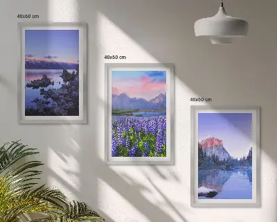 Three-piece mountain landscape wall art featuring water and sky scenery