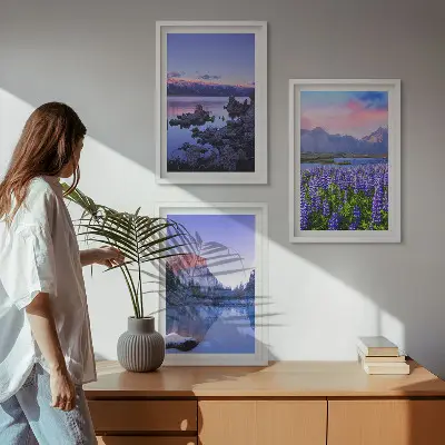 Three-piece mountain landscape wall art featuring water and sky scenery