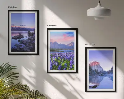 Three-piece mountain landscape wall art featuring water and sky scenery
