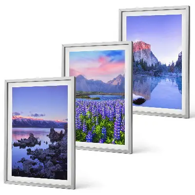 Three-piece mountain landscape wall art featuring water and sky scenery