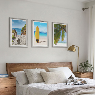 Set of 3 framed wall art pieces Holiday beaches waves palm trees