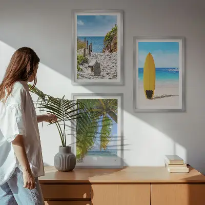 Set of 3 framed wall art pieces featuring holiday beaches, ocean waves, and palm trees
