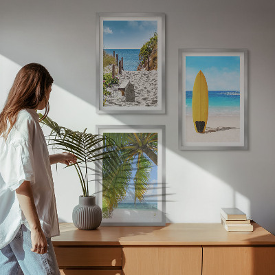Set of 3 framed wall art pieces Holiday beaches waves palm trees