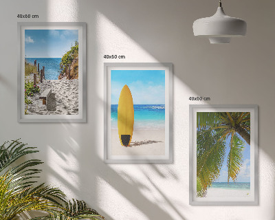 Set of 3 framed wall art pieces Holiday beaches waves palm trees