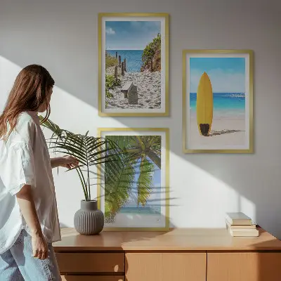Set of 3 framed wall art pieces featuring holiday beaches, ocean waves, and palm trees
