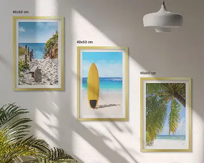 Set of 3 framed wall art pieces featuring holiday beaches, ocean waves, and palm trees