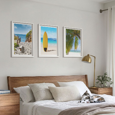 Set of 3 framed wall art pieces Holiday beaches waves palm trees