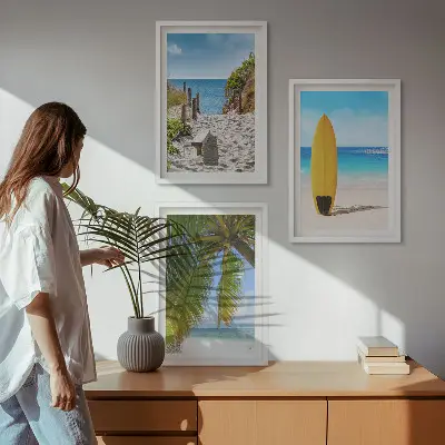 Set of 3 framed wall art pieces featuring holiday beaches, ocean waves, and palm trees