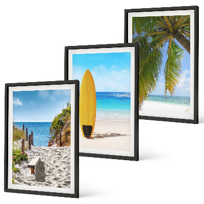 Set of 3 framed wall art pieces Holiday beaches waves palm trees