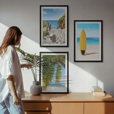 Set of 3 framed wall art pieces featuring holiday beaches, ocean waves, and palm trees