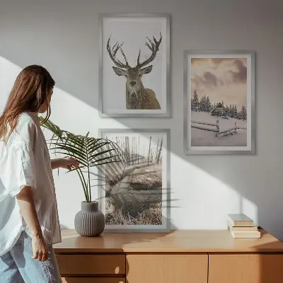 Winter landscape deer hut wall art set winter landscape with deer and hut