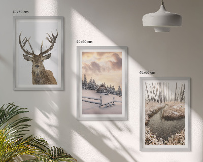 Wall art set Winter landscape deer hut