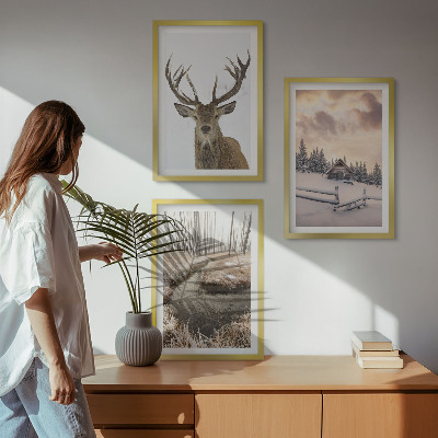 Wall art set Winter landscape deer hut