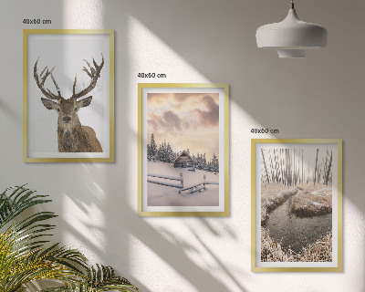 Wall art set Winter landscape deer hut
