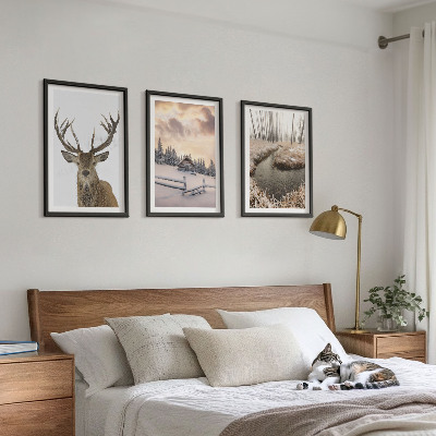 Wall art set Winter landscape deer hut